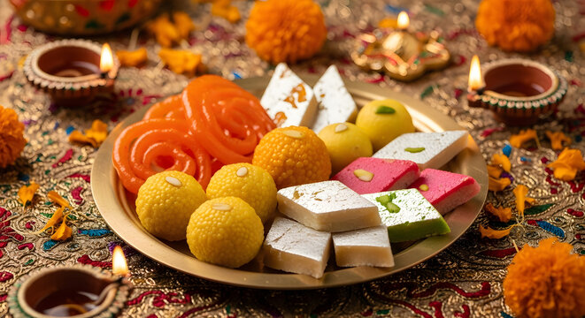 Assorted Indian mithai (ladoos, barfi, jalebi) placed on brass plate