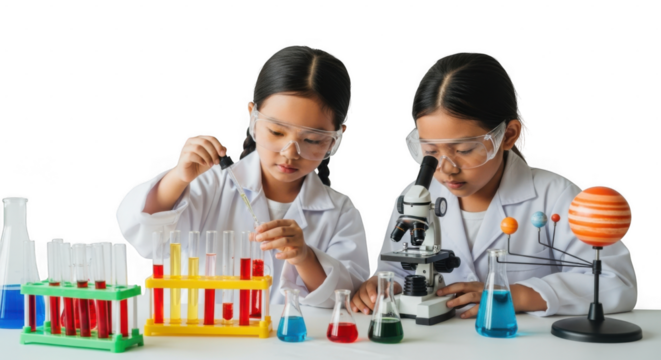 Two young girls conducting science experiments with lab equipment and chemicals isolated on transparent background
