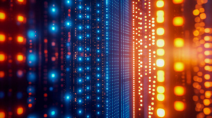 Abstract representation of light pillars and dots, creating the illusion of movement and depth. The composition is made in warm orange and cool blue shades.