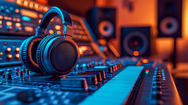Headphones on a DJ console in a studio, with a focus on red and blue lighting.