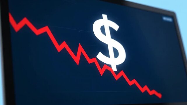 US dollar value falling on a financial chart. Red line graph showing a downward trend. Economic crisis, stock market crash, and recession concept. Vertical video animation