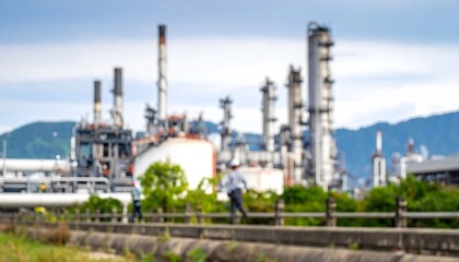Obraz premium Abstract industrial landscape with blurred oil refinery and workers creating a sense of scale for infrastructure and production capacity