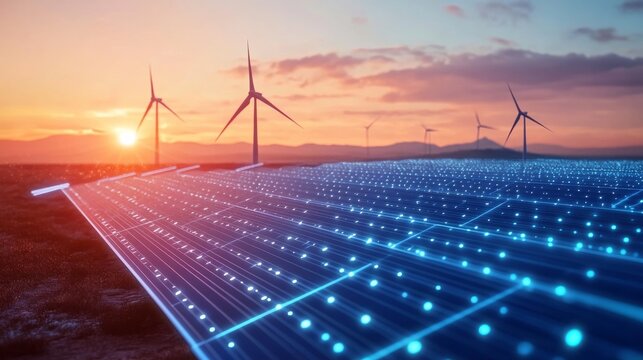 Holographic clean energy concept featuring futuristic solar panels and wind turbines glowing with digital interfaces ultra-realistic bright background with extra space