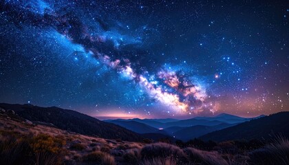 Naklejka premium Vibrant Milky Way galaxy over a serene, dark mountain range at twilight