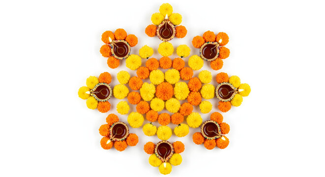 orange and yellow flower decorations with clay divas