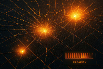 Heat wave impact on infrastructure capacity with glowing network connections and digital energy flow in futuristic technology design