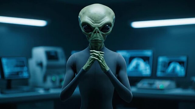A grey alien stands in a futuristic science laboratory. Realistic CGI animation of an extraterrestrial being. Sci-fi, UFO and mystery concept