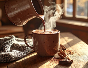 Hot chocolate being poured into a ceramic mug