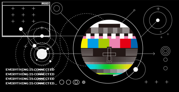 Modern vector illustration styled in a minimalist tech design, themed around connectivity. Features a central TV test pattern in vibrant colors (yellow, blue, red, green), white geometric circles.