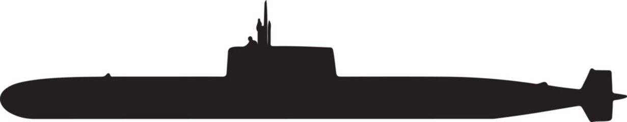 Simple black silhouette of a naval submarine, a vector icon of an underwater military vessel isolated on a white background