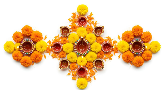 orange and yellow flower decorations with clay divas