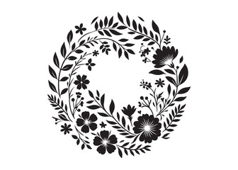 circle wreath flower logo silhouette vector, circle with flower silhouette vector illustration, round frame with flowers vector silhouette logo, flower wreath logo silhouettes vector 