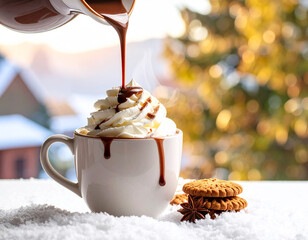 Hot chocolate syrup being poured over whipped cream mug