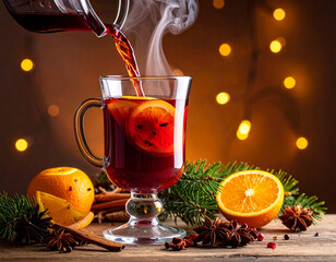 Hot mulled wine pouring into a glass with floating spices