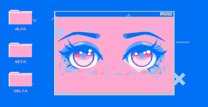 Vector illustration blends vaporwave and anime styles, showing expressive manga eyes in a digital window. The theme is retro-futuristic, using blue and pink hues, geometric shapes, and folder icons.