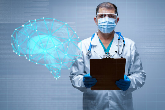 Healthcare professional in lab coat examines digital brain visualization with data analysis tools