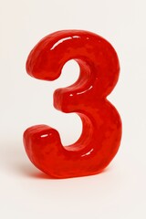 Vibrant red jello number three, a playful and sweet gelatin numeral on white.