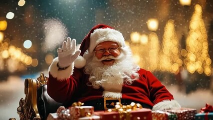 Christmas card concept 2026 with Santa Claus sitting on his sleigh full of gifts waving under a bright snowy night sky with glowing decorated Christmas trees, joyful festive winter celebration - Powered by Adobe