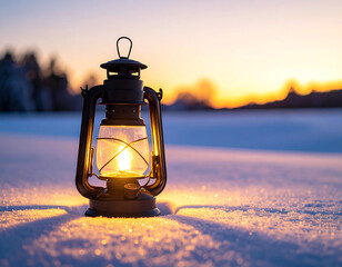 Shadow of a lantern glowing on snow