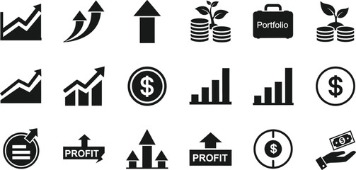 Collection of black financial growth icons and symbols representing investment and profit isolated on transparent background