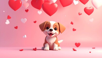 Adorable puppy surrounded by floating hearts creates a charming Valentine's Day scene full of love and sweet canine affection for heartwarming projects