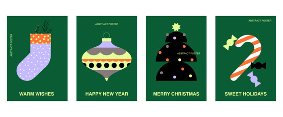 Christmas greeting cards set. Xmas and New Year holiday posters. Flat vector illustrations.