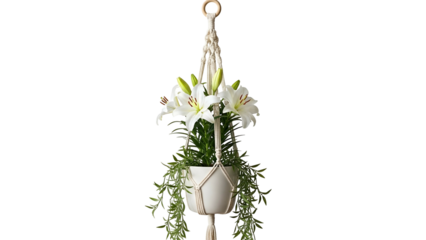 Hanging White Lily Flower Plant in White Pot with Green Foliage on Macrame Holder