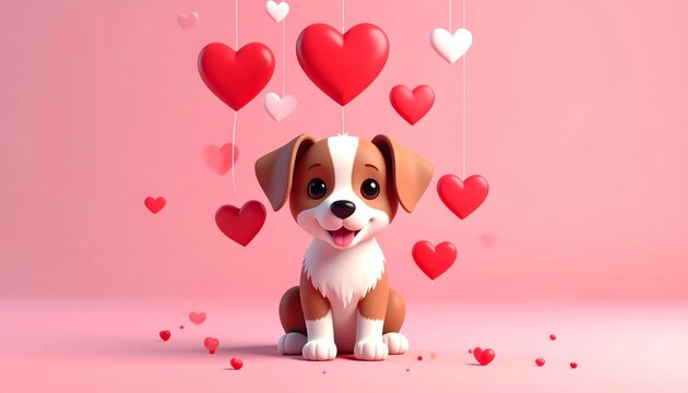 Adorable puppy with heart balloons for Valentine's Day promotions and sweet pet-themed campaigns that need a loving, playful touch - Powered by Adobe