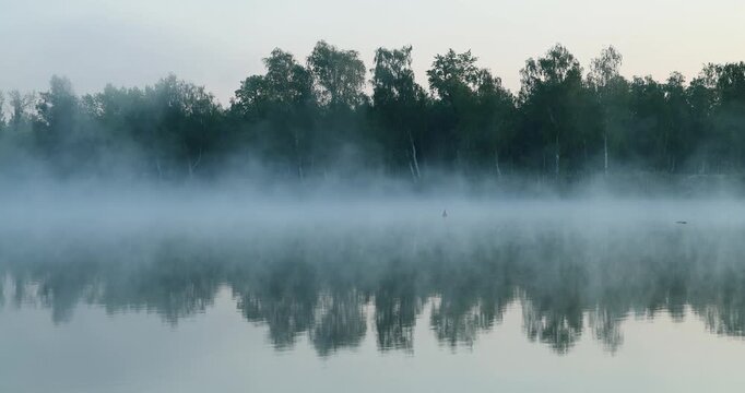Early morning fog drifts over a calm lake at sunrise. Soft light, tranquil water, and peaceful atmosphere create a serene natural landscape.