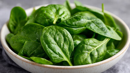 Obraz premium Fresh spinach leaves in a bowl, highlighting vibrant green color.