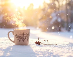 Snow falling beside a hot drink cup
