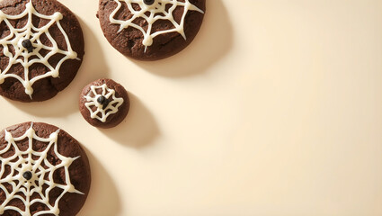Chocolate cookies decorated with white spider web icing for Halloween on pastel background.