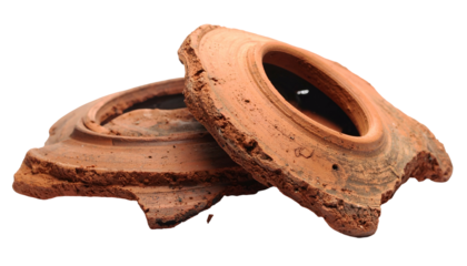 Fragmented terracotta pottery, ancient, broken, circular shapes