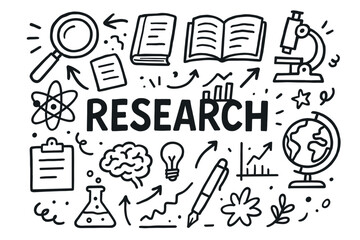 Research concept illustrated with magnifying glass, microscope, books, and scientific tools