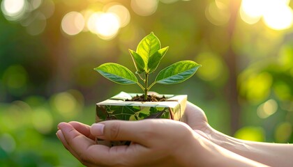 Nurturing new growth, hands carefully holding vibrant seedling in sunlight promoting sustainability and environmental awareness for greener future