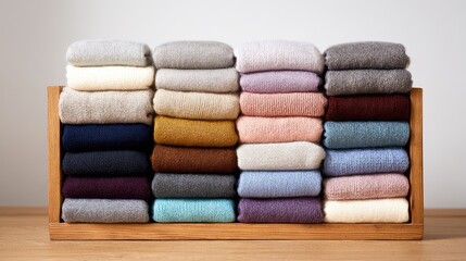 A Neatly Arranged Display of Soft, Cozy Woolen Sweaters in Various Colors Stacked on a Wooden Shelf Highlighting Warm Textures and Inviting Aesthetic Appeal
