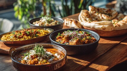 Delicious Selection of Colorful Indian Dishes Showcasing Curry, Rice, Naan, and Fresh Herbs on a Wooden Table in Natural Light