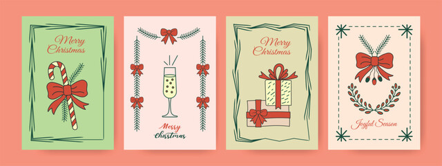 Christmas greeting cards with hand drawn decorative doodle style ribbon bow, frame, candy cane, holy branches and gift box
