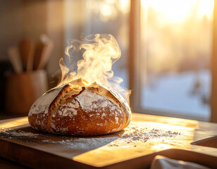 Steam rising from freshly baked bread on a wooden board