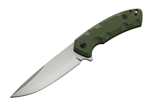 Green folding knife isolated on white, EDC tool for camping and outdoor activities, everyday carry