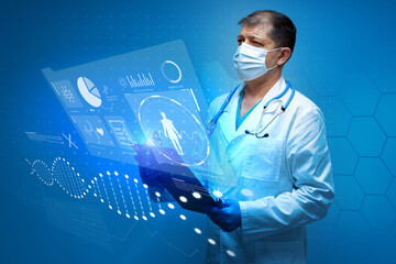 Doctor analyzing patient data with virtual interface in a modern medical setting
