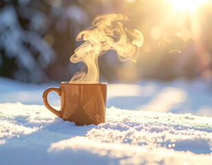 Warm coffee mug placed on snowy surface