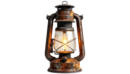 Rusty lantern with glowing light, old vintage style, isolated on black