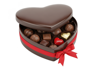 Delicious assorted chocolate candies in heart shaped box with red ribbon for valentine's day, anniversary, birthday, sweetest day isolated on transparent background