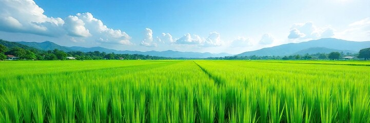 Obraz premium Sun-Drenched Rice Paddies Tranquil Agricultural Landscape Stretching to the Horizon Under a Clear Blue Sky. Lush green rice stalks sway gently in a picturesque scene of rural abundance.