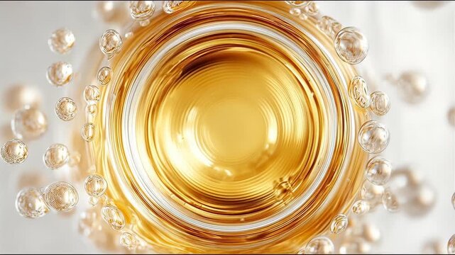 A close-up of a cosmetic cream, with the creamy texture and luxurious details, surrounded by bubbles and creating a sense of purity, freshness and indulgence.