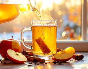 Warm apple cider being poured into a transparent mug