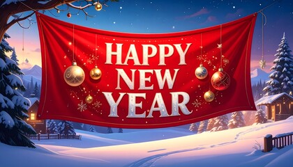 Celebrate a magical new year with this festive winter wonderland banner featuring sparkling ornaments and cozy cabin glow