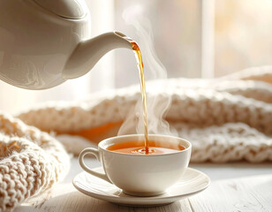 Warm tea being poured from a teapot into a cup