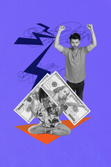 Pop art image poster 3d banner collage of two angry girl guy stand dollar banknote problem inflation capital lightning collapse